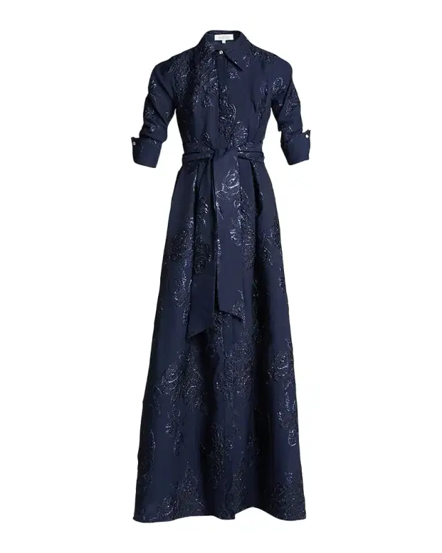 Rickie Freeman for Teri Jon Belted Jacquard Shirtdress Gown