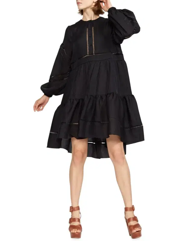Ladder-Inset Balloon-Sleeve Swing Dress