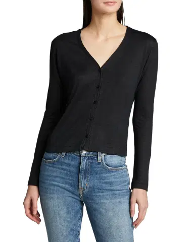 MAJESTIC FILATURES V-Neck Button-Down Long-Sleeve Stretch-Linen Cardigan | Thumbnail 3