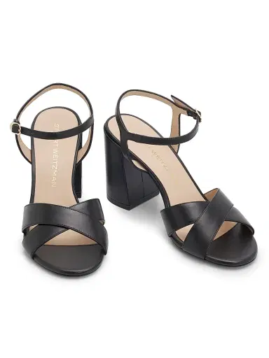 Stuart Weitzman Women's Alyssa 85MM Leather Block Sandals - Black | Thumbnail 2
