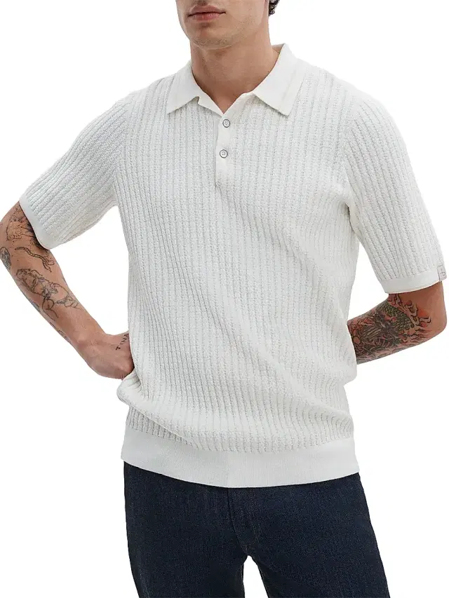 Men's Harvey Rib-Knit Cotton-Blend Polo Shirt - Chalk