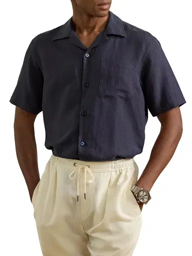 Ralph Lauren Purple Label Men's Silk-Linen Camp Shirt - Classic Chairman Navy - Size XL | Thumbnail 3
