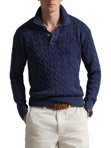 Polo Ralph Lauren Men's Cable-Knit Cotton Polo Sweater - Dark Cobalt - Size XXL | Thumbnail 3 Polo Ralph Lauren Men's Cable-Knit Cotton Polo Sweater - Dark Cobalt - Size XXL | Thumbnail 3