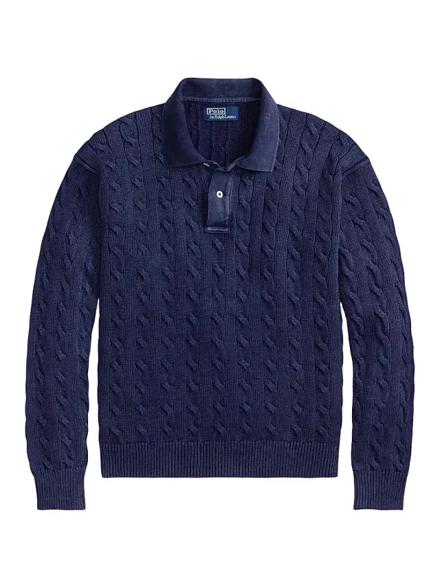 Polo Ralph Lauren Men's Cable-Knit Cotton Polo Sweater - Dark Cobalt