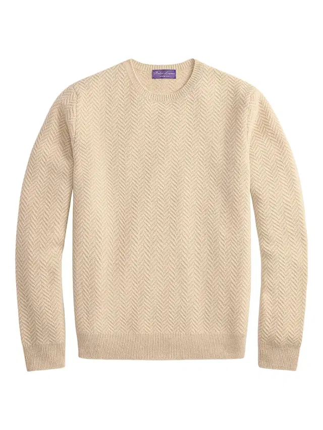 Men's Textured Herringbone Cashmere Sweater - Champagne Melange