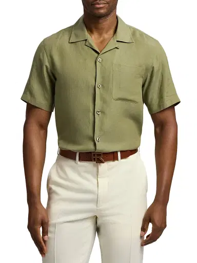 Ralph Lauren Purple Label Men's Silk-Linen Camp Shirt - Fern Green | Thumbnail 3 Ralph Lauren Purple Label Men's Silk-Linen Camp Shirt - Fern Green | Thumbnail 3