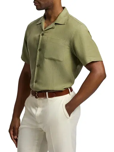Ralph Lauren Purple Label Men's Silk-Linen Camp Shirt - Fern Green | Thumbnail 4 Ralph Lauren Purple Label Men's Silk-Linen Camp Shirt - Fern Green | Thumbnail 4