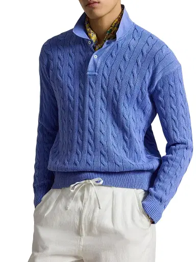 Polo Ralph Lauren Men's Cable-Knit Cotton Polo Sweater - Maidstone Blue - Size XXL | Thumbnail 3 Polo Ralph Lauren Men's Cable-Knit Cotton Polo Sweater - Maidstone Blue - Size XXL | Thumbnail 3