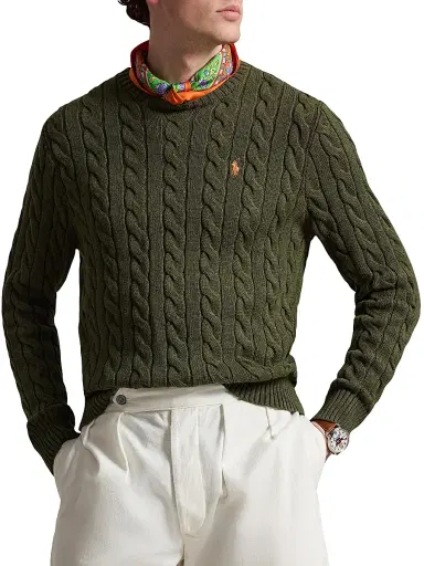 Polo Ralph Lauren Men's Cable-Knit Roving Cotton Sweater - Garden Trail Heather - Size XL | Thumbnail 3 Polo Ralph Lauren Men's Cable-Knit Roving Cotton Sweater - Garden Trail Heather - Size XL | Thumbnail 3