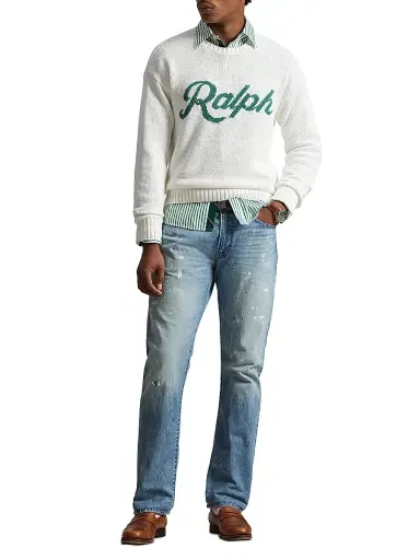Polo Ralph Lauren Men's Logo Linen-Cotton Crewneck Sweater - Deckwash White Combo | Thumbnail 2 Polo Ralph Lauren Men's Logo Linen-Cotton Crewneck Sweater - Deckwash White Combo | Thumbnail 2