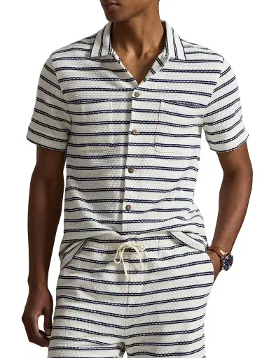 Polo Ralph Lauren Men's Striped Cotton-Blend Camp Shirt - Pale Cream Newport Navy - Size XXL | Thumbnail 3
