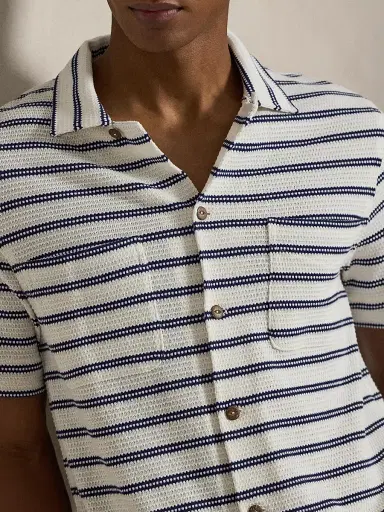 Polo Ralph Lauren Men's Striped Cotton-Blend Camp Shirt - Pale Cream Newport Navy - Size XXL | Thumbnail 5