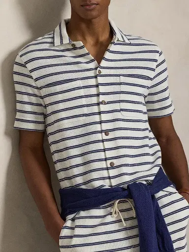 Polo Ralph Lauren Men's Striped Cotton-Blend Camp Shirt - Pale Cream Newport Navy - Size XXL | Thumbnail 6