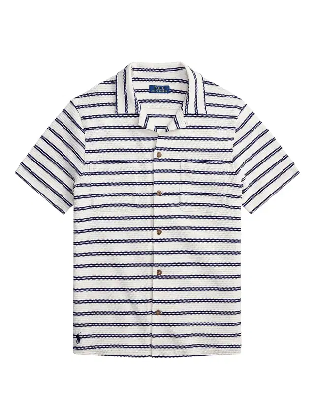 Polo Ralph Lauren Men's Striped Cotton-Blend Camp Shirt - Pale Cream Newport Navy