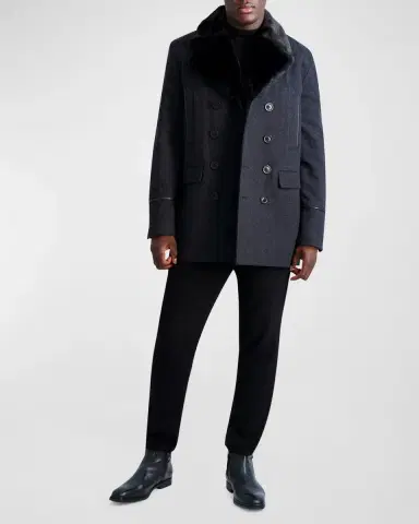 Karl Lagerfeld Paris Men 's Wool Peacoat w/ Faux Fur Collar | Thumbnail 2