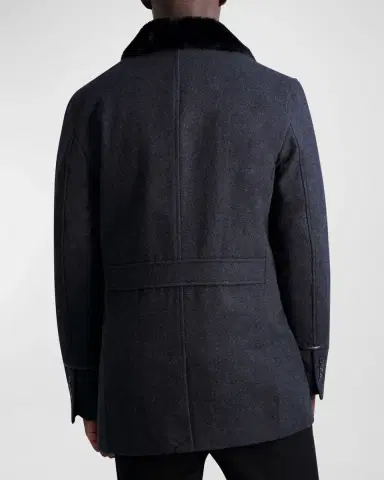 Karl Lagerfeld Paris Men 's Wool Peacoat w/ Faux Fur Collar | Thumbnail 3