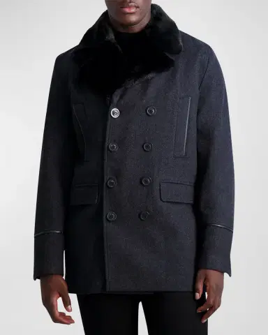 Karl Lagerfeld Paris Men 's Wool Peacoat w/ Faux Fur Collar | Thumbnail 4