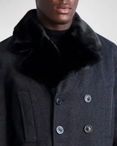 Karl Lagerfeld Paris Men 's Wool Peacoat w/ Faux Fur Collar | Thumbnail 5