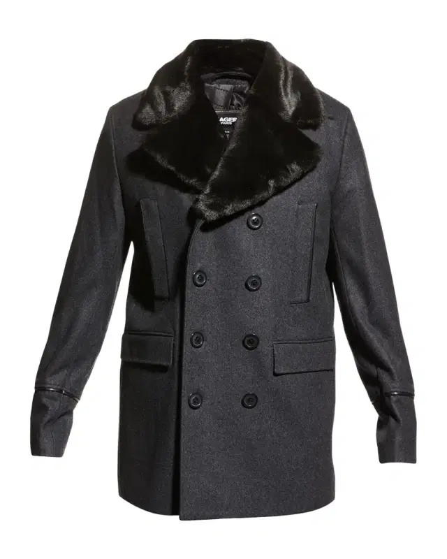 Karl Lagerfeld Paris Men 's Wool Peacoat w/ Faux Fur Collar