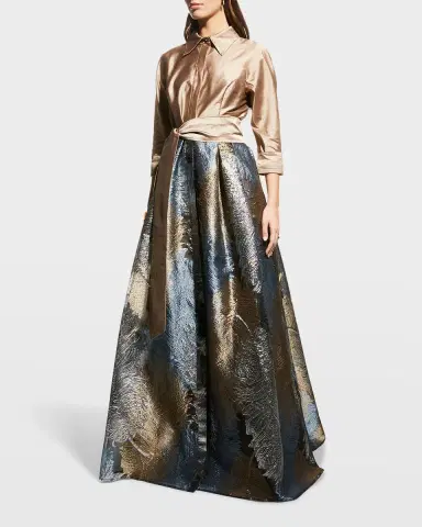 Rickie Freeman for Teri Jon Taffeta Shirtdress w/ Feather Metallic Jacquard | Thumbnail 2 Rickie Freeman for Teri Jon Taffeta Shirtdress w/ Feather Metallic Jacquard | Thumbnail 2