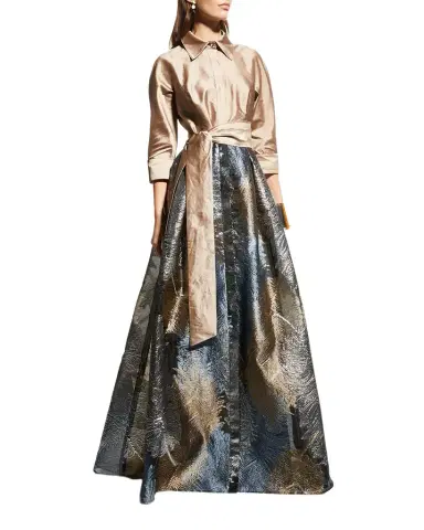 Rickie Freeman for Teri Jon Taffeta Shirtdress w/ Feather Metallic Jacquard | Thumbnail 1 Rickie Freeman for Teri Jon Taffeta Shirtdress w/ Feather Metallic Jacquard | Thumbnail 1