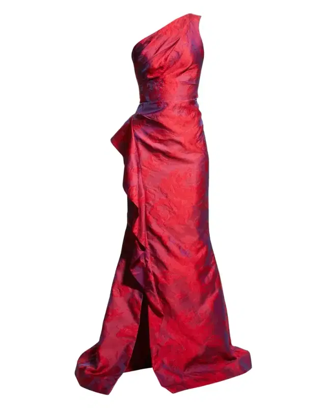 Rickie Freeman for Teri Jon One-Shoulder Side-Ruffle Gown
