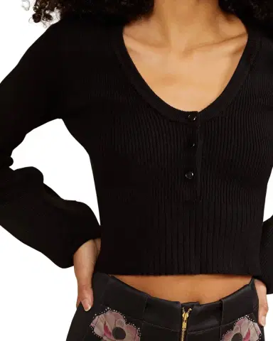 Cynthia Rowley V-Neck Long-Sleeve Rib-Knit Top | Thumbnail 4