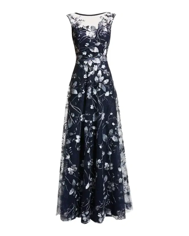 Rickie Freeman for Teri Jon Cap-Sleeve Embroidered Tulle A-Line Gown