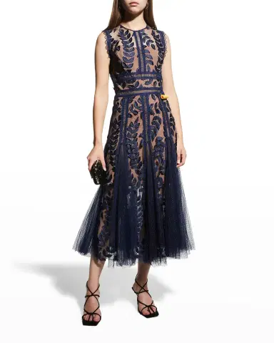 Bronx and Banco Saba Leaf-Appliqué Lace Midi Dress | Thumbnail 3