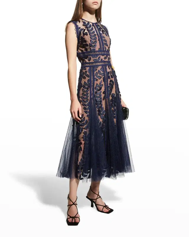 Bronx and Banco Saba Leaf-Appliqué Lace Midi Dress