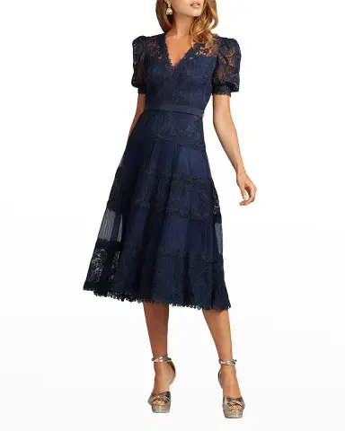 Tadashi Shoji V-Neck Short-Sleeve Lace Tiered Midi Dress | Thumbnail 2