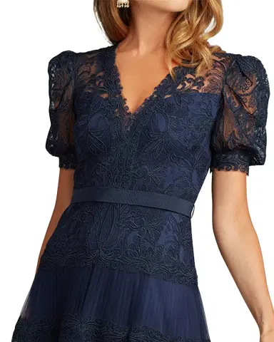 Tadashi Shoji V-Neck Short-Sleeve Lace Tiered Midi Dress | Thumbnail 4
