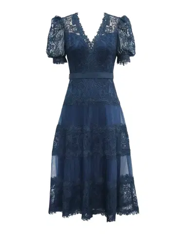 Tadashi Shoji V-Neck Short-Sleeve Lace Tiered Midi Dress | Thumbnail 1