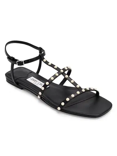 Jimmy Choo Women's Gwyn Pearl-Embellished Leather Flat Sandals - Black White | Thumbnail 2