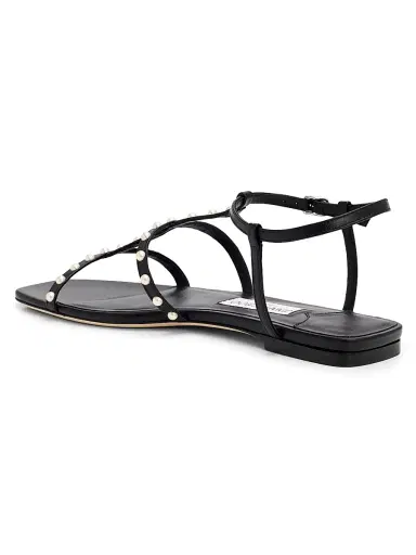 Jimmy Choo Women's Gwyn Pearl-Embellished Leather Flat Sandals - Black White | Thumbnail 3
