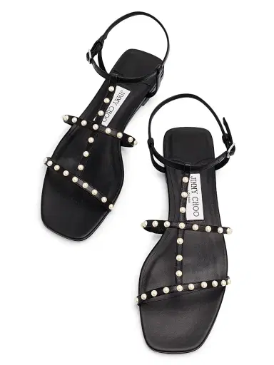 Jimmy Choo Women's Gwyn Pearl-Embellished Leather Flat Sandals - Black White | Thumbnail 4