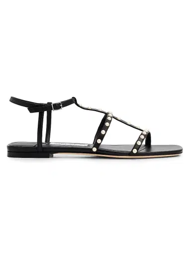 Jimmy Choo Women's Gwyn Pearl-Embellished Leather Flat Sandals - Black White | Thumbnail 1