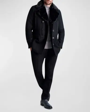 Karl Lagerfeld Paris Men 's Wool Peacoat w/ Faux Fur Collar | Thumbnail 2