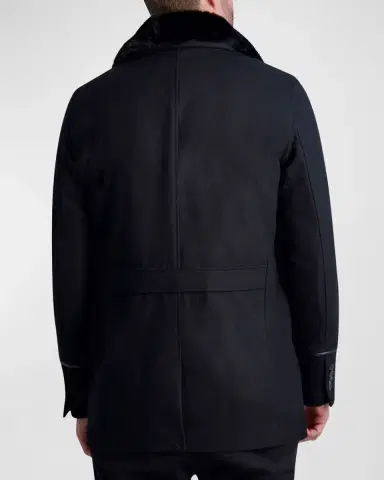 Karl Lagerfeld Paris Men 's Wool Peacoat w/ Faux Fur Collar | Thumbnail 3