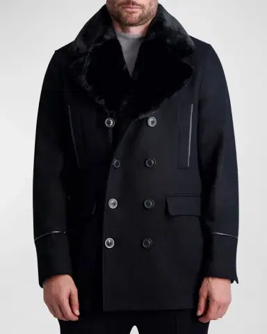 Karl Lagerfeld Paris Men 's Wool Peacoat w/ Faux Fur Collar | Thumbnail 4
