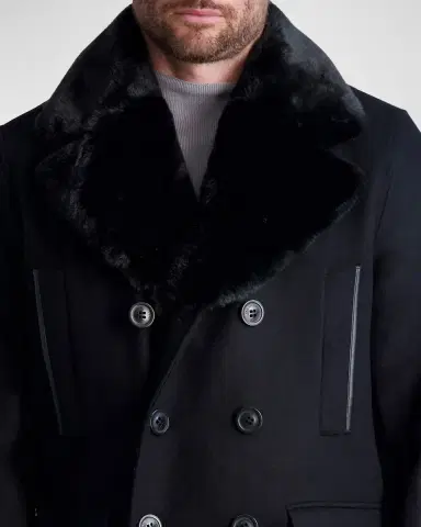 Karl Lagerfeld Paris Men 's Wool Peacoat w/ Faux Fur Collar | Thumbnail 5