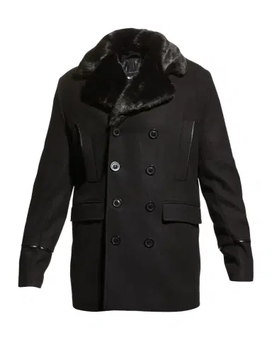 Karl Lagerfeld Paris Men 's Wool Peacoat w/ Faux Fur Collar | Thumbnail 1