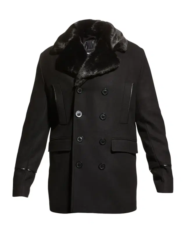 Karl Lagerfeld Paris Men 's Wool Peacoat w/ Faux Fur Collar