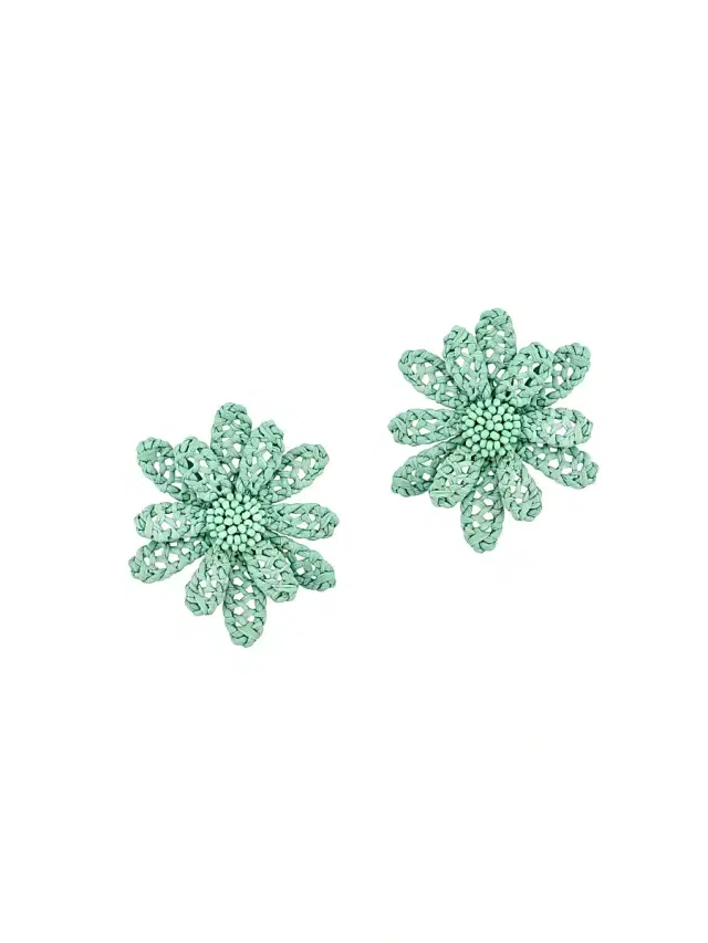 Women's  Woven Flower Raffia Stud Earrings - Mint