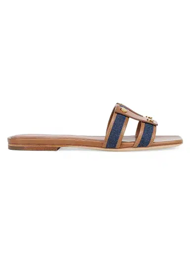 Veronica Beard Women's Via Leather-Denim Flat Sandals - Honey Navy - Size 9.5 | Thumbnail 1 Veronica Beard Women's Via Leather-Denim Flat Sandals - Honey Navy - Size 9.5 | Thumbnail 1
