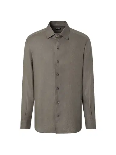 Zegna Men's Oasi Lino Shirt - Dark Taupe - Size XL | Thumbnail 1