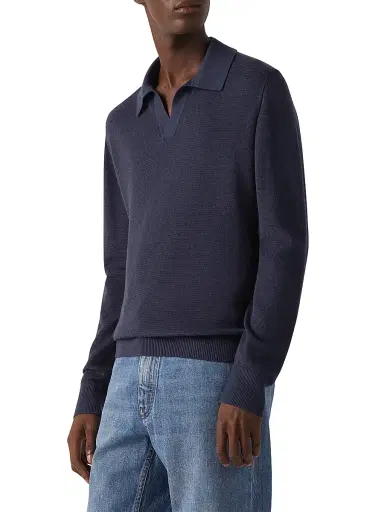 ZEGNA Men's Cashmere-Silk Polo Shirt - Dark Indigo Blue Melange | Thumbnail 2 ZEGNA Men's Cashmere-Silk Polo Shirt - Dark Indigo Blue Melange | Thumbnail 2