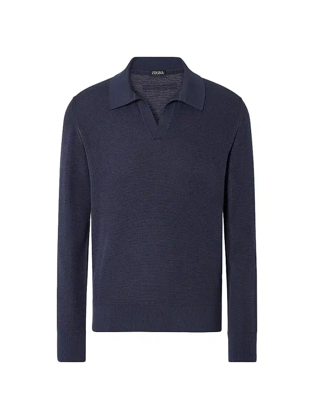 ZEGNA Men's Cashmere-Silk Polo Shirt - Dark Indigo Blue Melange