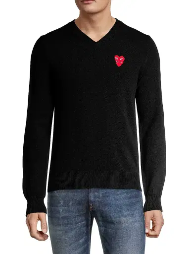 Comme des Garçons PLAY Men's Play Double Heart V-Neck Pullover - Black | Thumbnail 3 Comme des Garçons PLAY Men's Play Double Heart V-Neck Pullover - Black | Thumbnail 3