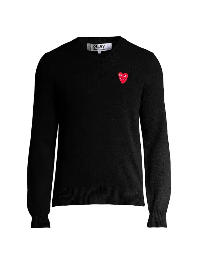 Comme des Garçons PLAY Men's Play Double Heart V-Neck Pullover - Black